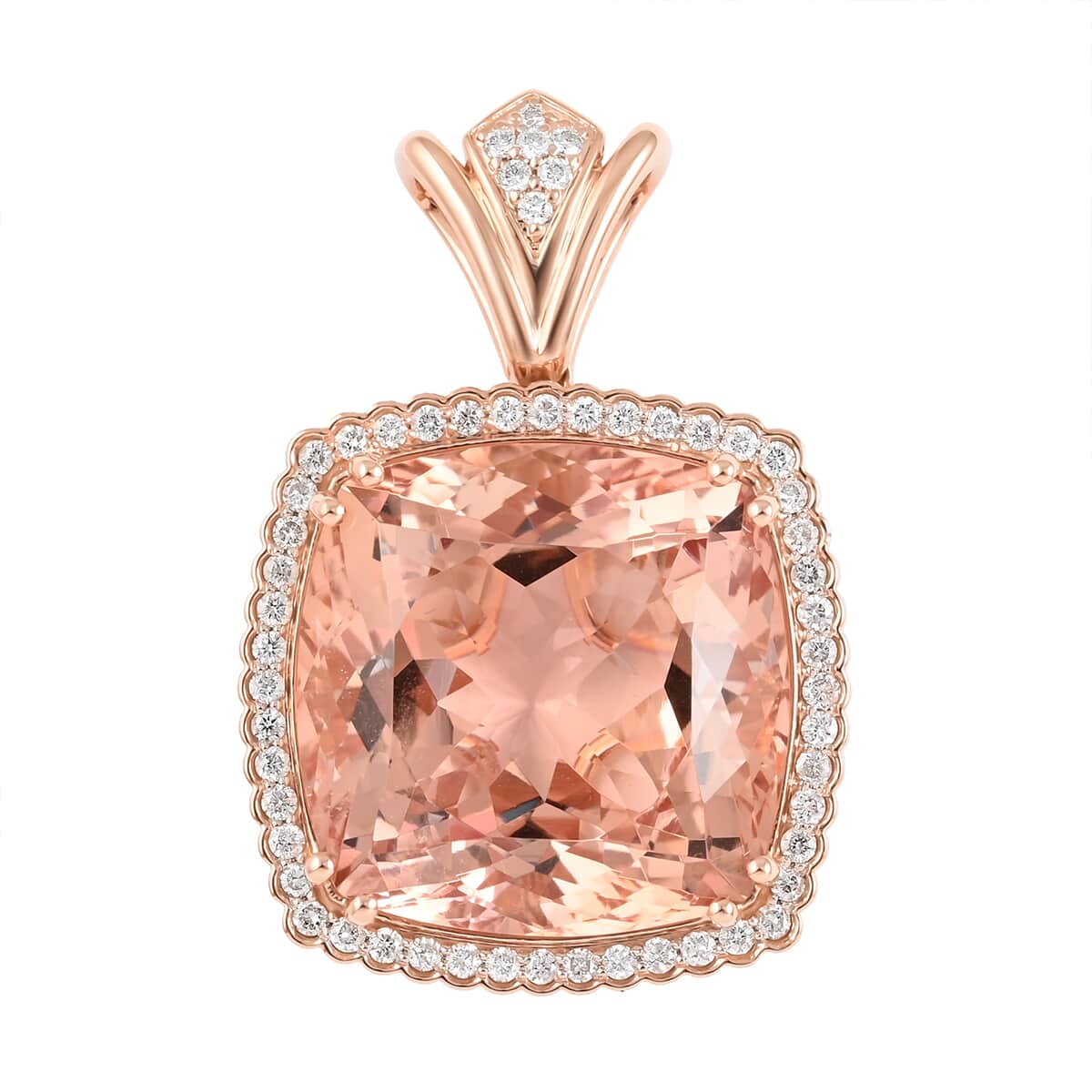 Certified & Appraised ILIANA 18K Rose Gold AAA Marropino Morganite and G-H SI Diamond Halo Pendant 6 Grams 27.50 ctw image number 0