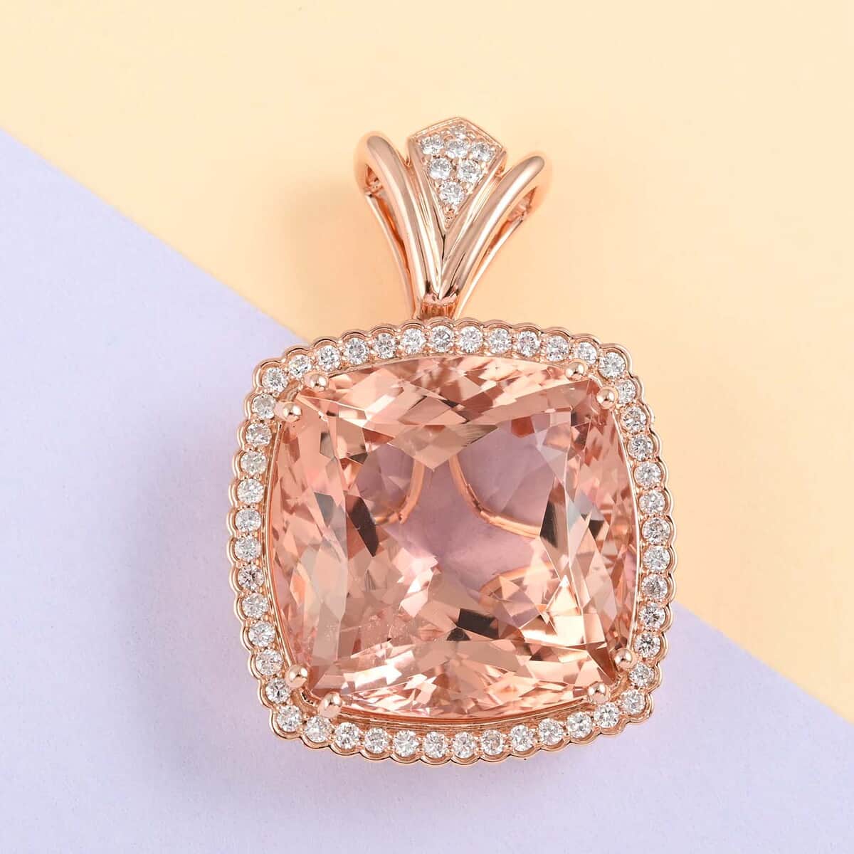 Certified & Appraised ILIANA 18K Rose Gold AAA Marropino Morganite and G-H SI Diamond Halo Pendant 6 Grams 27.50 ctw image number 1