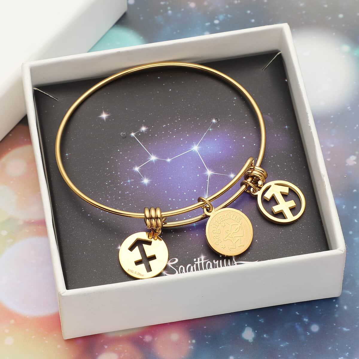 Sagittarius Zodiac Bangle Bracelet Gift Set in ION Plated Yellow Gold Stainless Steel (6-9 in) image number 0