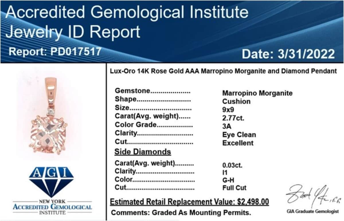 Certified Luxoro 14K Rose Gold AAA Marropino Morganite and G-H I1 Diamond Pendant 2.80 ctw image number 5