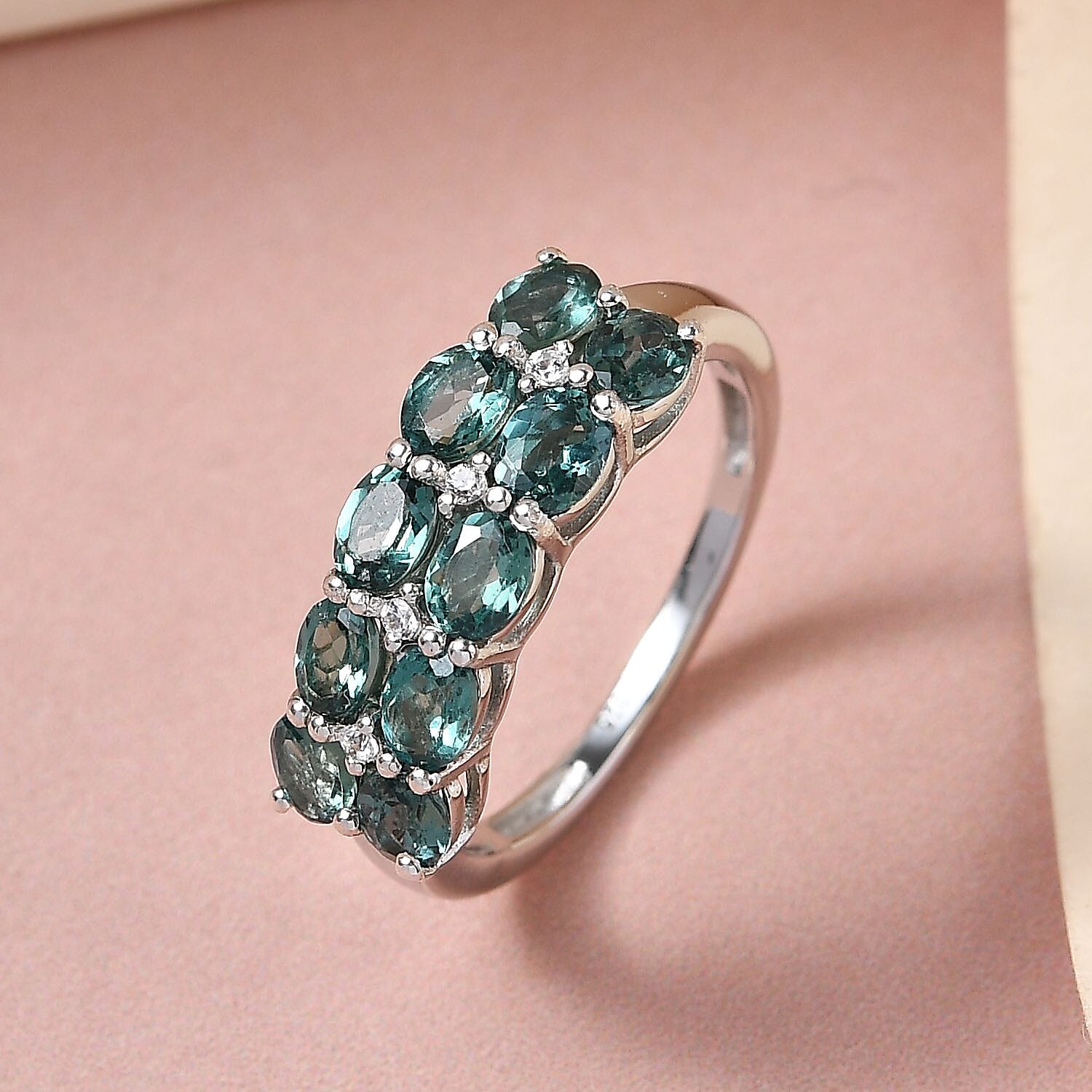 Indian Ocean Apatite and Natural White Zircon Double Row Band Ring in Platinum Over Sterling Silver (Size 6.0) 1.75 ctw