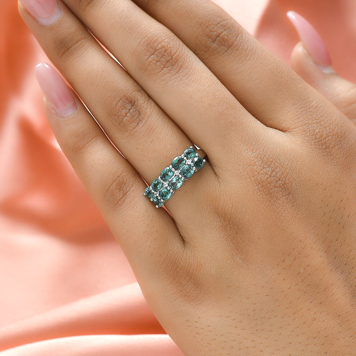Indian Ocean Apatite and Natural White Zircon Double Row Band Ring in Platinum Over Sterling Silver (Size 6.0) 1.75 ctw
