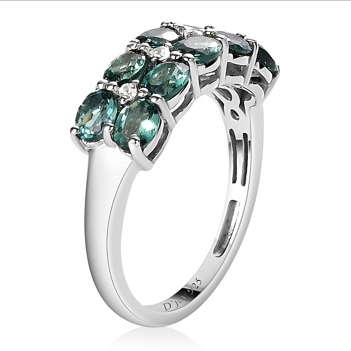 Indian Ocean Apatite and Natural White Zircon Double Row Band Ring in Platinum Over Sterling Silver (Size 6.0) 1.75 ctw