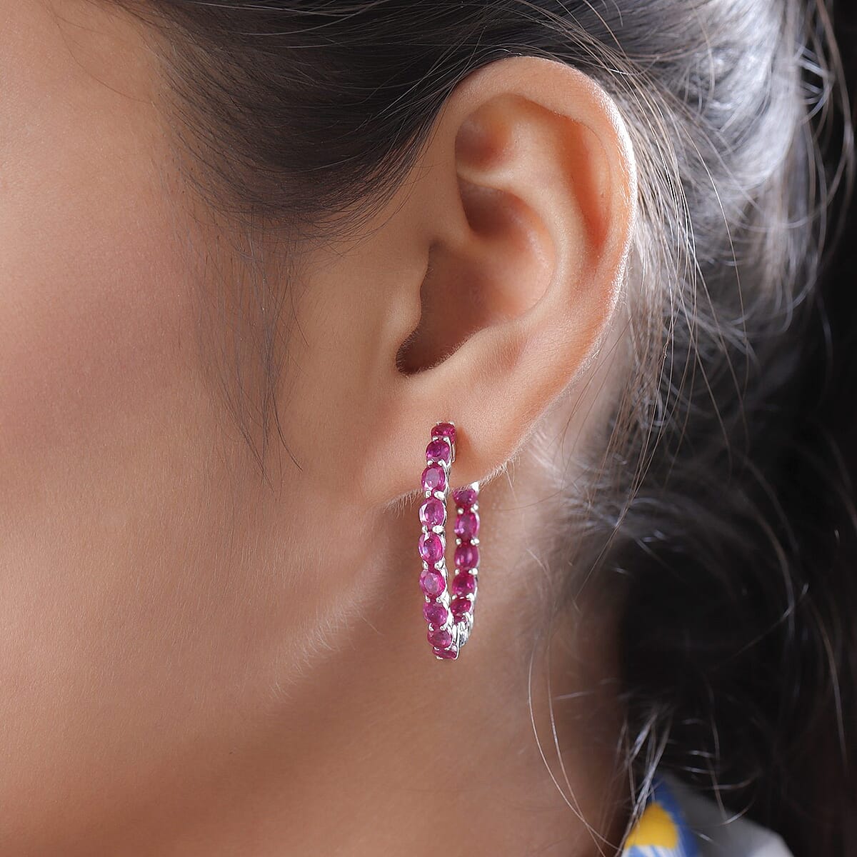 Niassa Ruby (FF) Inside Out Hoop Earrings in Platinum Over Sterling Silver 9.15 ctw image number 2