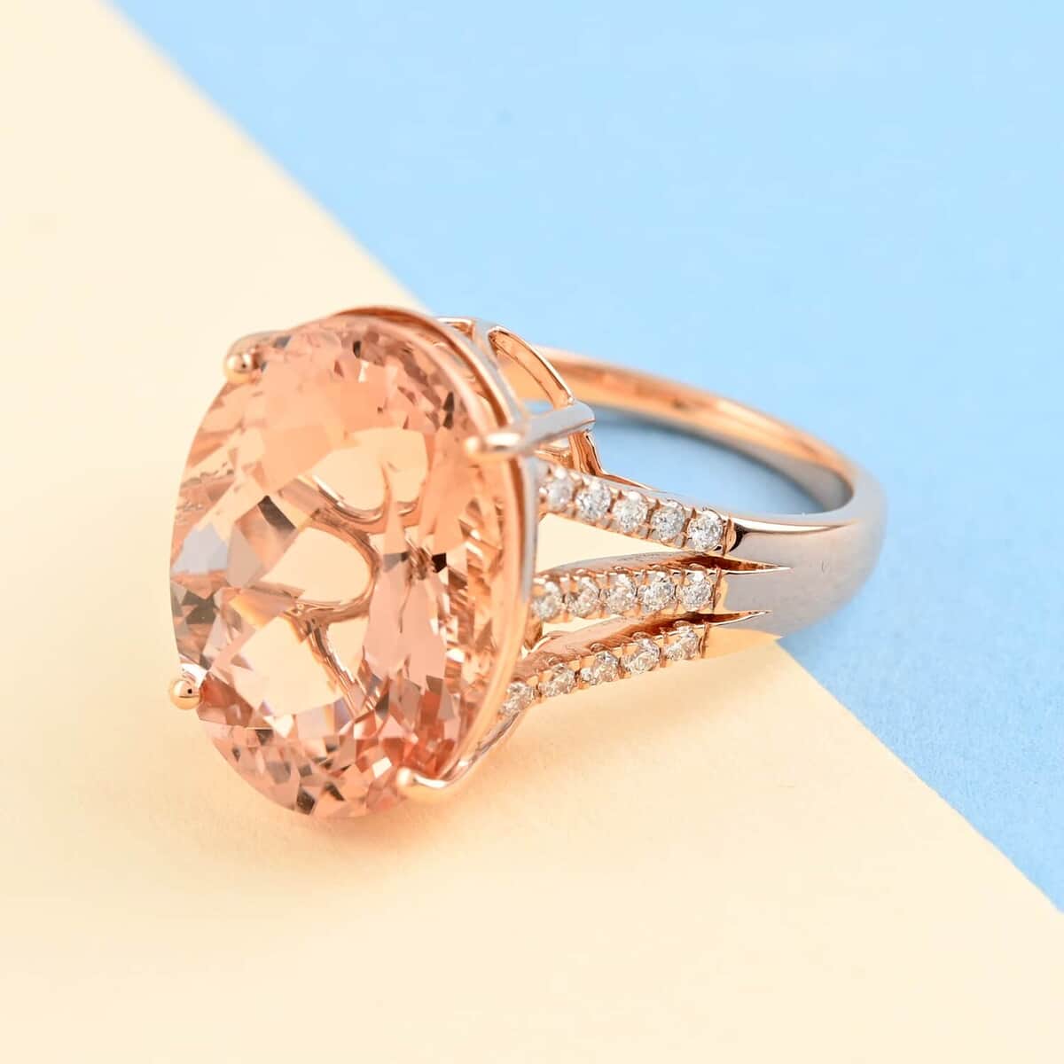 Certified & Appraised ILIANA 18K Rose Gold AAA Marropino Morganite and G-H SI Diamond Ring (Size 10.0) 6.40 Grams 12.40 ctw image number 1