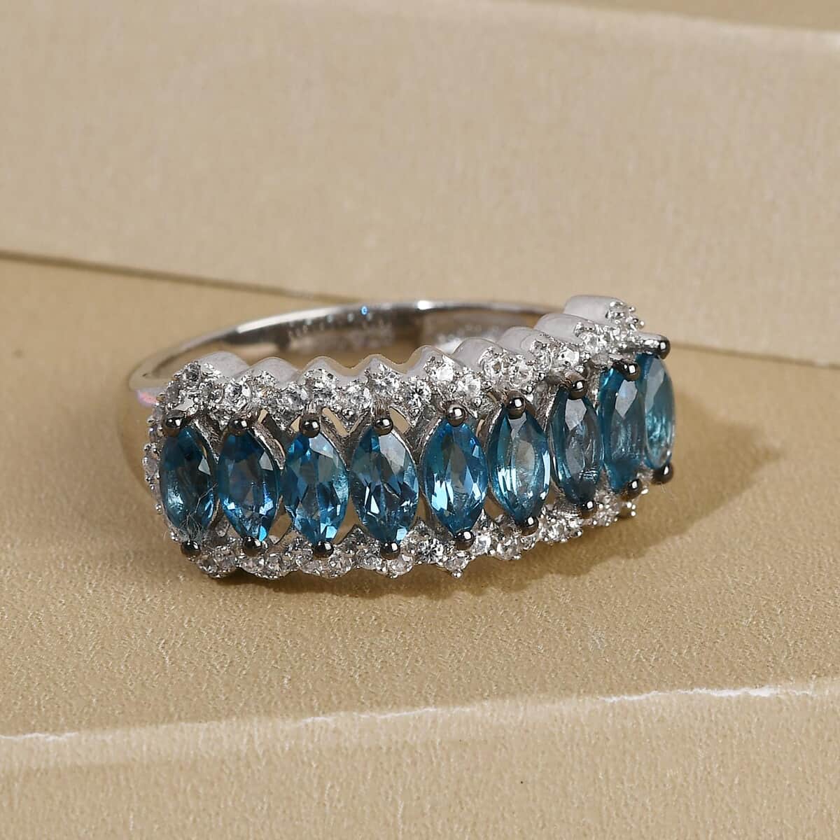 London Blue Topaz and Natural White Zircon Ring in Platinum Over Sterling Silver 1.90 ctw image number 1