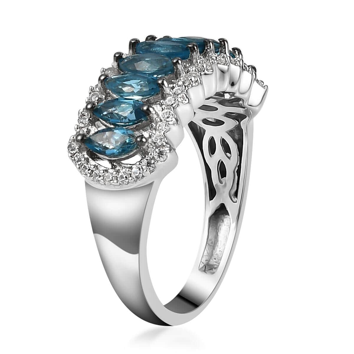 London Blue Topaz and Natural White Zircon Ring in Platinum Over Sterling Silver 1.90 ctw image number 3