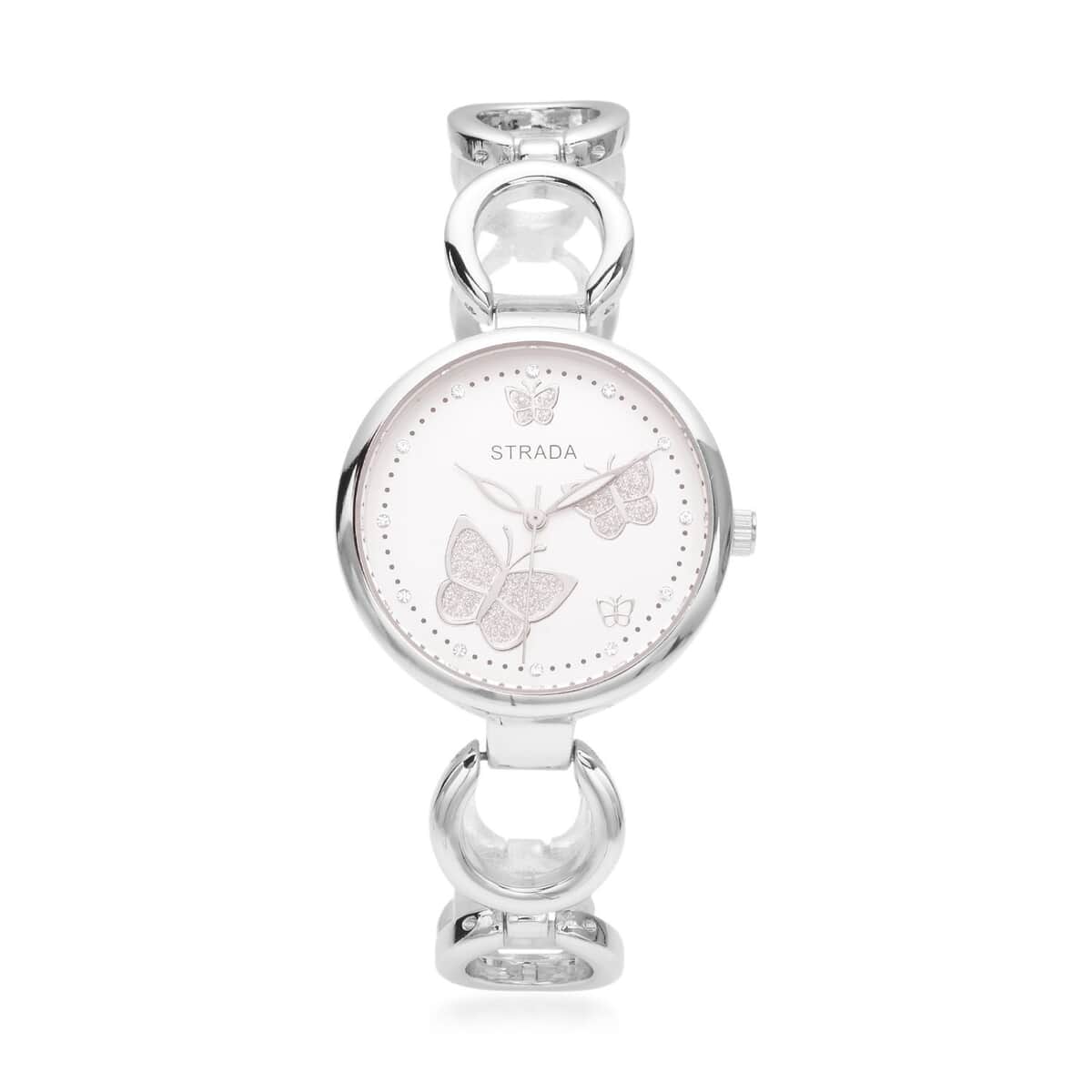 STRADA Austrian Crystal Japanese Movement Butterfly Watch in Silvertone (36.30 g) (8.50 in) 0.05 ctw image number 0