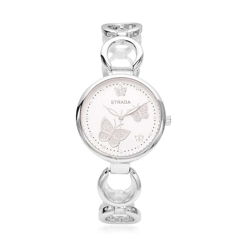 Strada Austrian Crystal Japanese Movement Butterfly Watch in Silvertone (36.32 mm) (5.5-8.25 Inches)