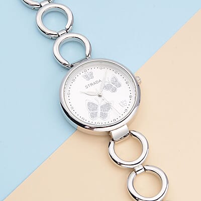 Strada Austrian Crystal Japanese Movement Butterfly Watch in Silvertone (36.32 mm) (5.5-8.25 Inches)