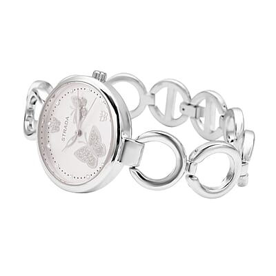 Strada Austrian Crystal Japanese Movement Butterfly Watch in Silvertone (36.32 mm) (5.5-8.25 Inches)