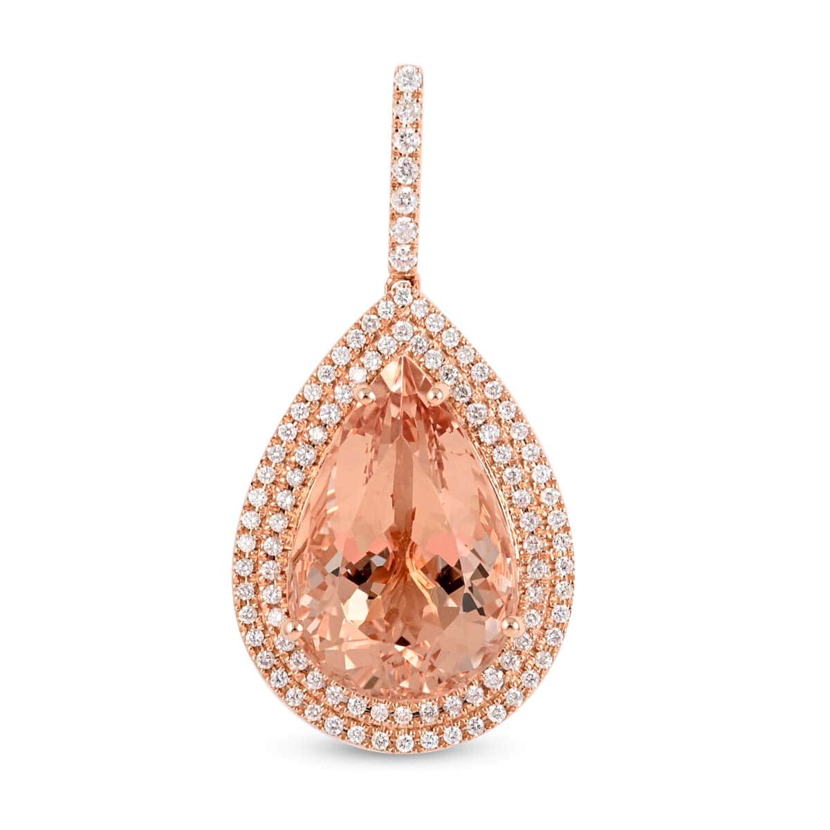 One Of A Kind Certified & Appraised ILIANA 18K Rose Gold AAA Marropino Morganite and G-H SI Diamond Double Halo Pendant 4.10 Grams 20.20 ctw image number 0