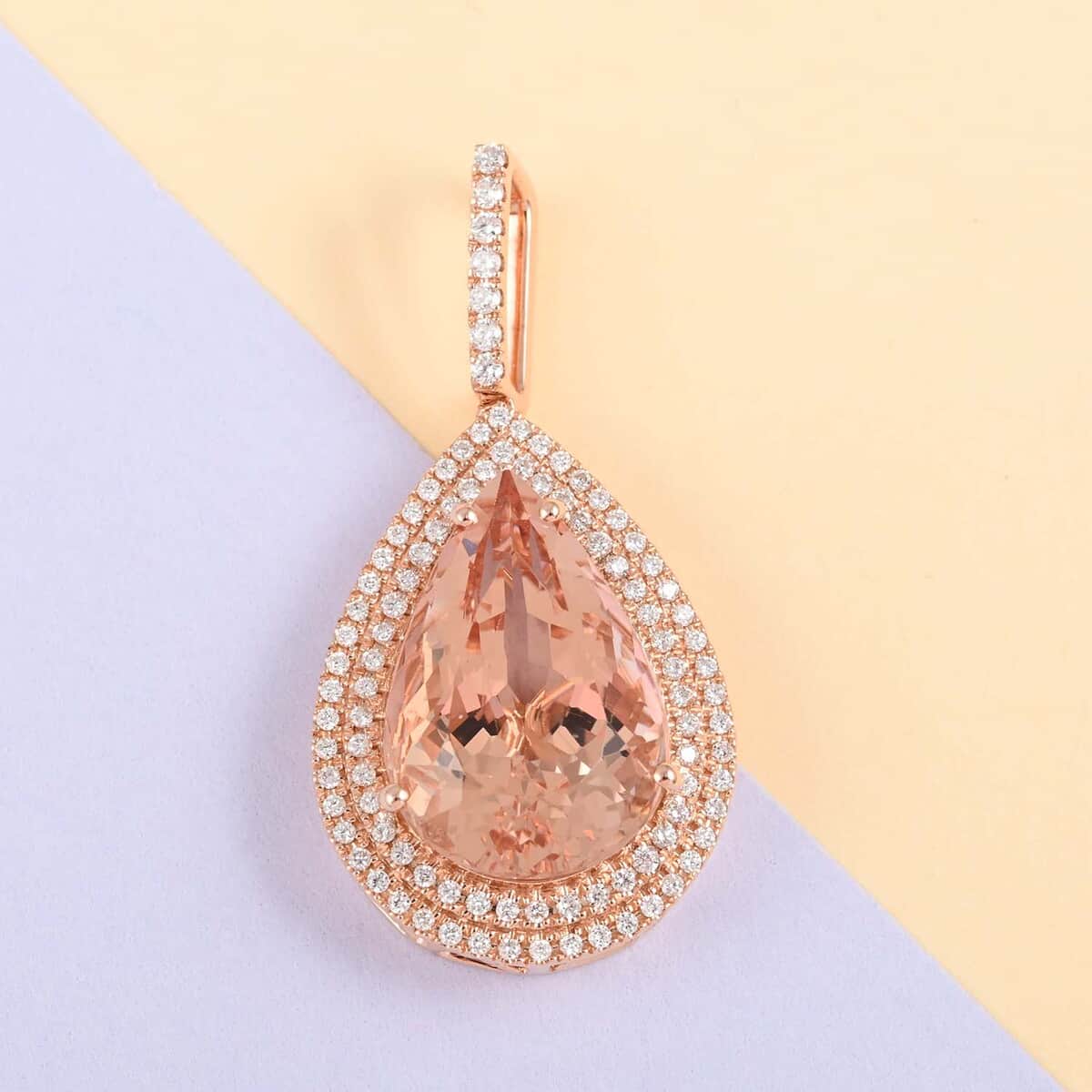 One Of A Kind Certified & Appraised ILIANA 18K Rose Gold AAA Marropino Morganite and G-H SI Diamond Double Halo Pendant 4.10 Grams 20.20 ctw image number 1