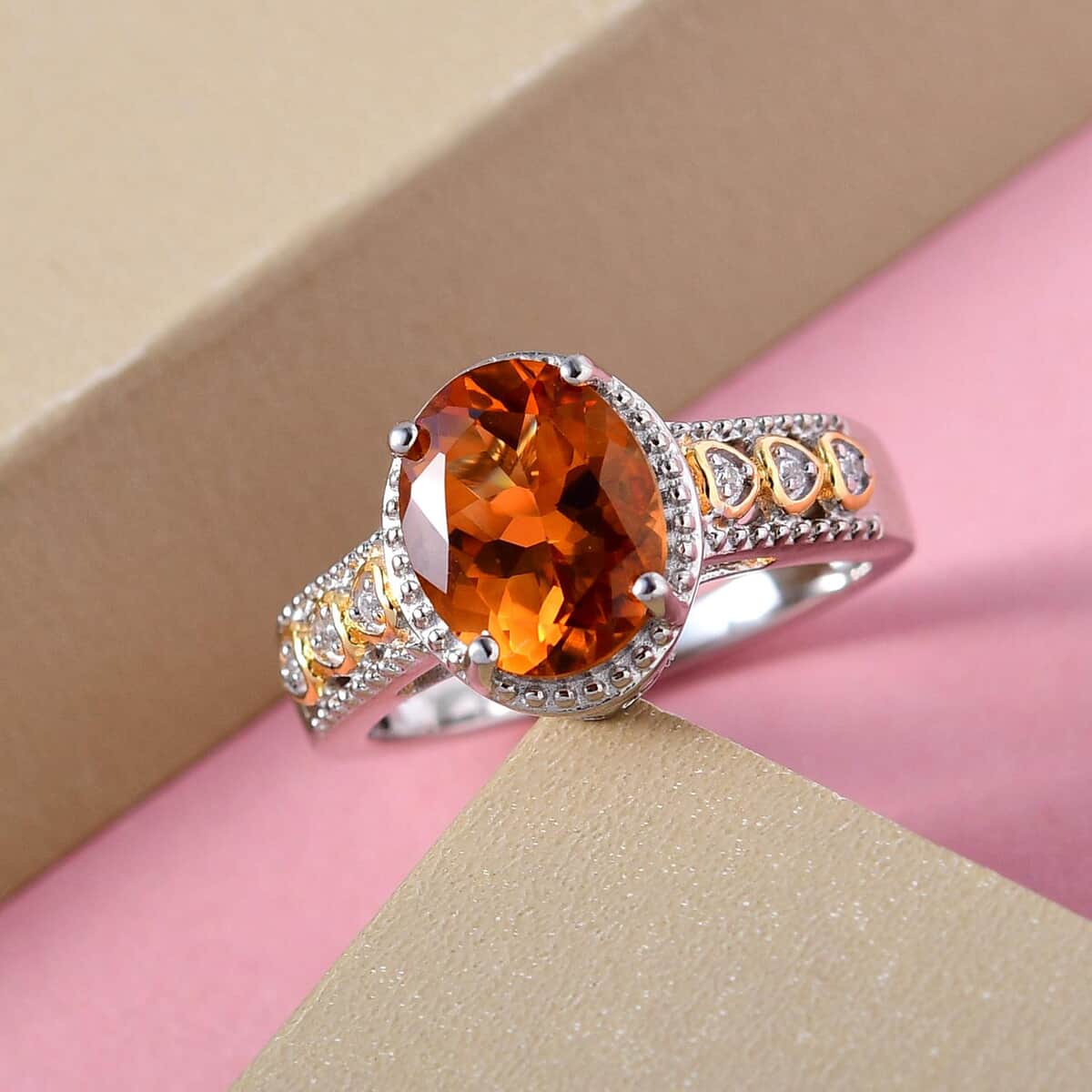 Santa Ana Madeira Citrine and Natural White Zircon Heart Band Ring in Vermeil YG and Platinum Over Sterling Silver (Size 7.0) 2.50 ctw image number 1
