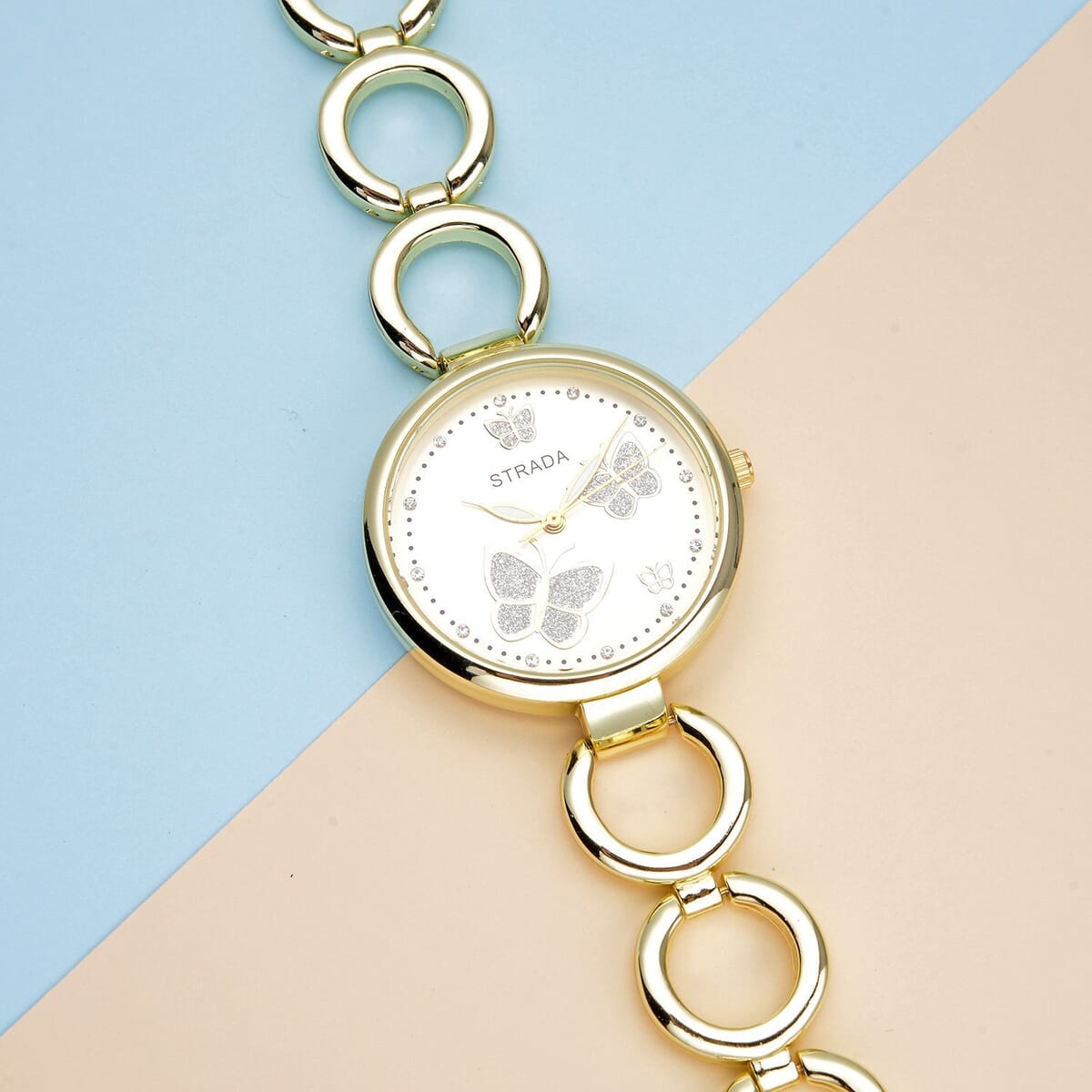 Strada Austrian Crystal Japanese Movement Butterfly Watch in Goldtone (36.32 mm) (5.5-8.25 Inches) image number 1