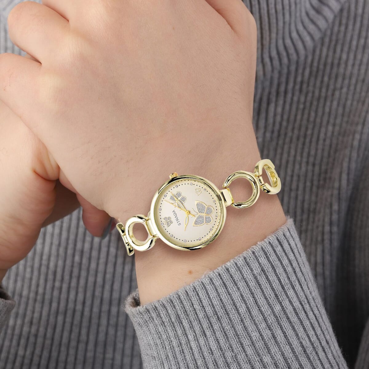 Strada Austrian Crystal Japanese Movement Butterfly Watch in Goldtone (36.32 mm) (5.5-8.25 Inches) image number 2
