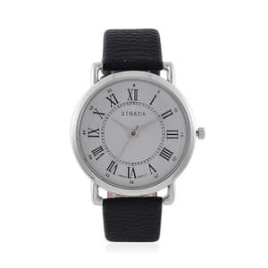 Strada Japanese Movement Watch in Silvertone with Black Faux Leather