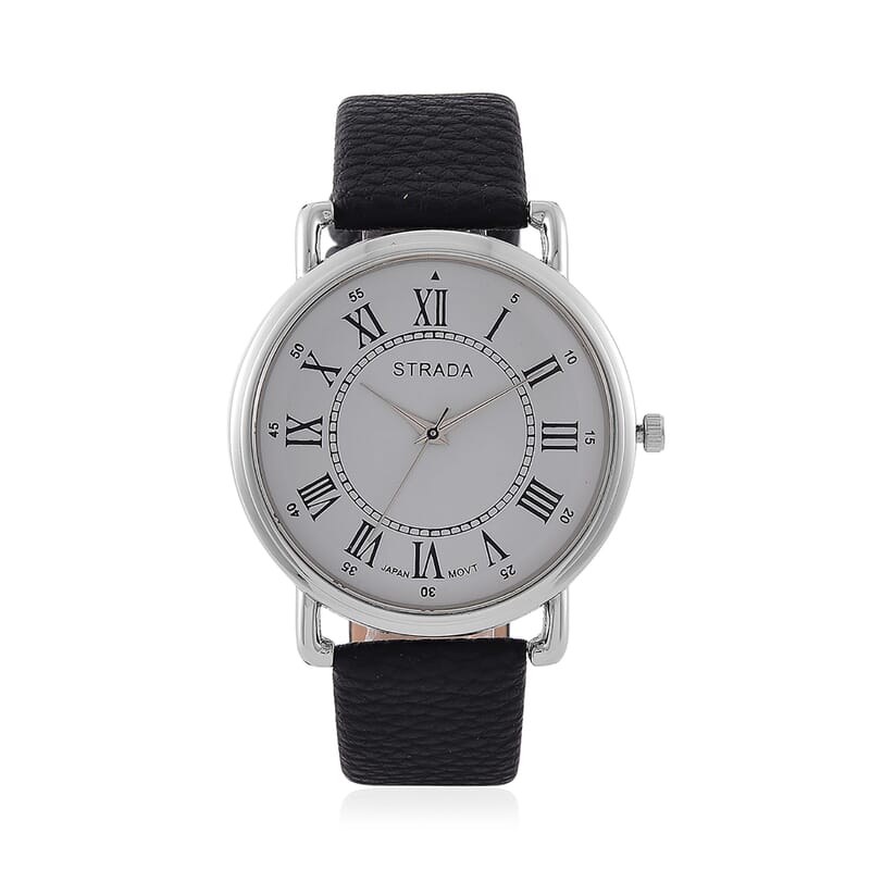 Strada Japanese Movement Watch in Silvertone with Black Faux Leather