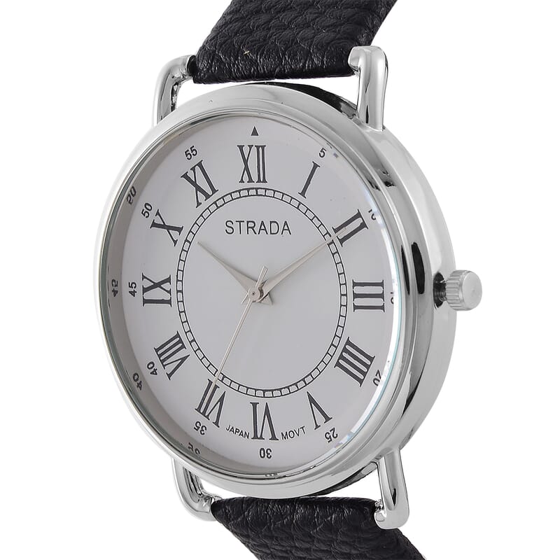 Strada Japanese Movement Watch in Silvertone with Black Faux Leather