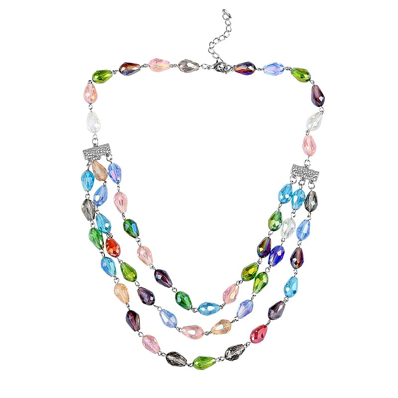 Simulated Multi Gemstone Beaded Layered Necklace in Silvertone 22-24 Inches