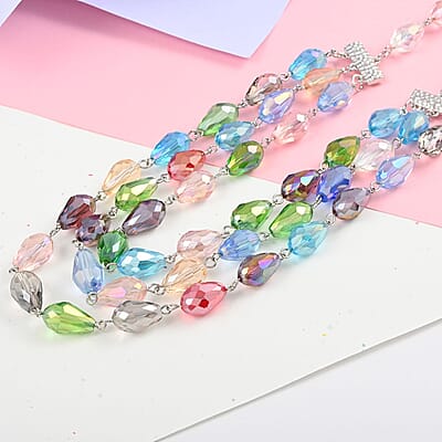 Simulated Multi Gemstone Beaded Layered Necklace in Silvertone 22-24 Inches