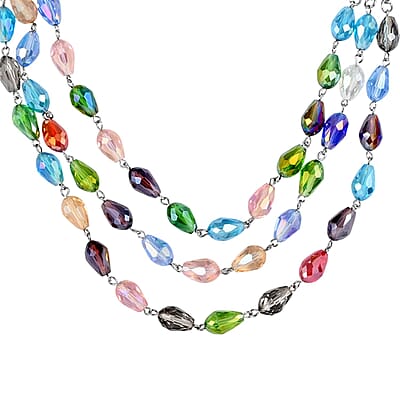 Simulated Multi Gemstone Beaded Layered Necklace in Silvertone 22-24 Inches