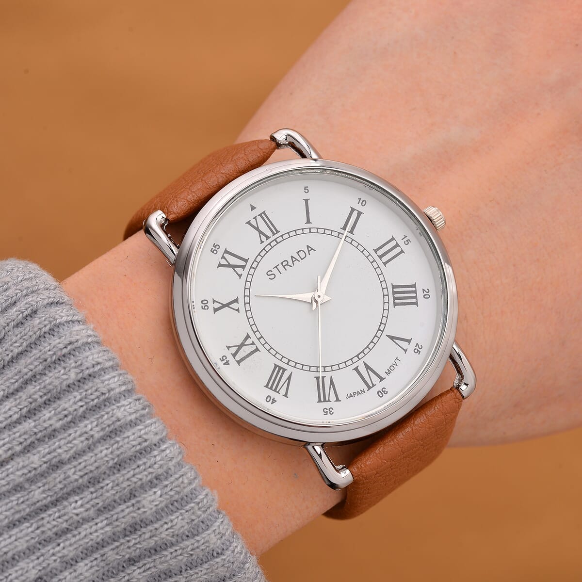 Strada Japanese Movement Watch in Silvertone with Coffee Faux Leather image number 1