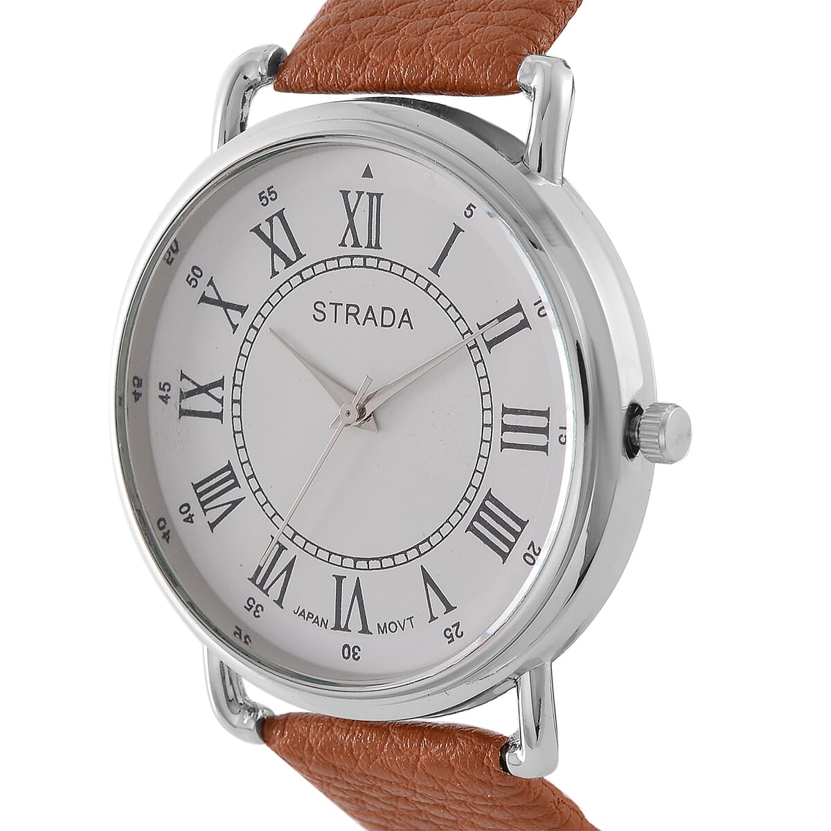 Strada Japanese Movement Watch in Silvertone with Coffee Faux Leather image number 2