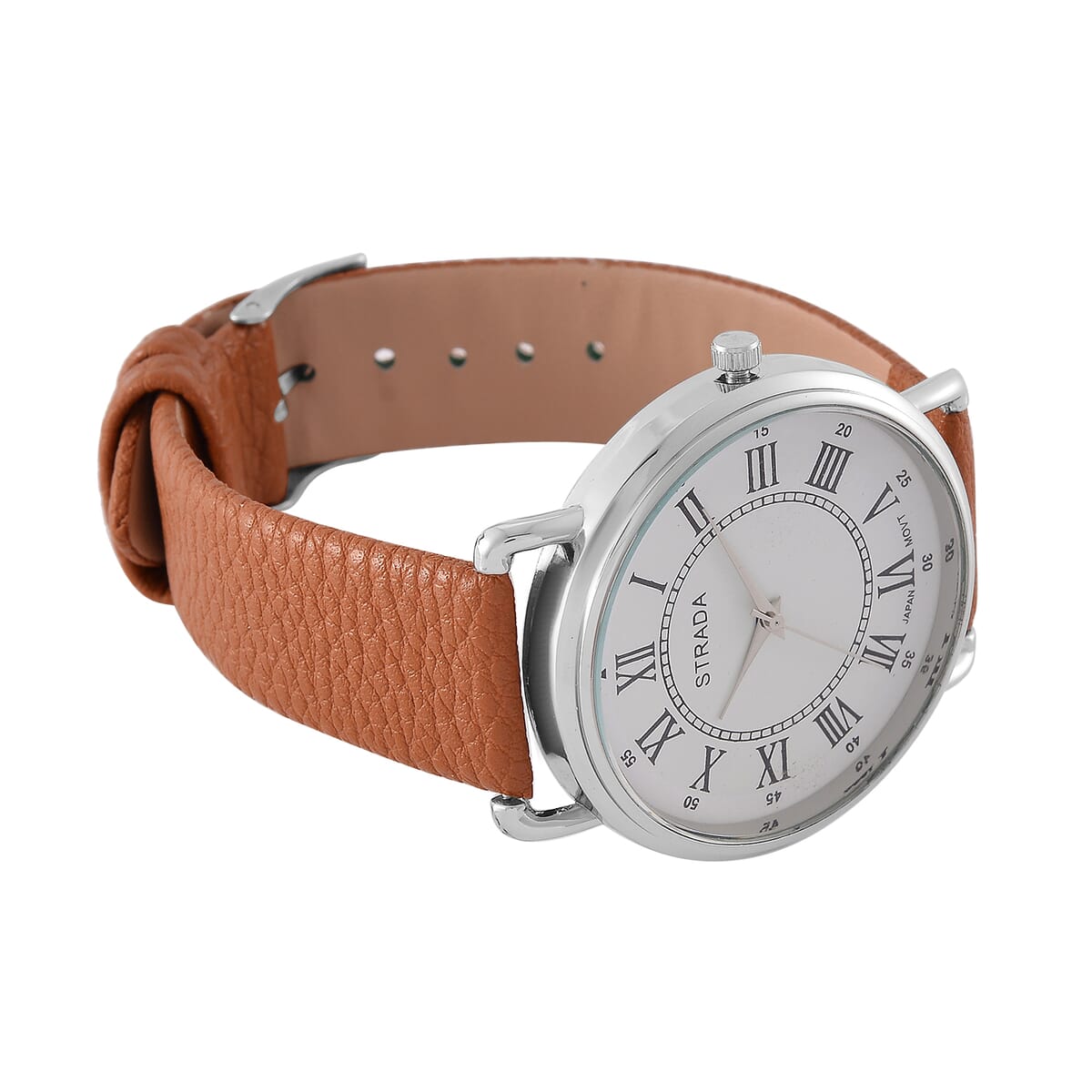 Strada Japanese Movement Watch in Silvertone with Coffee Faux Leather image number 4