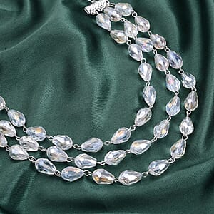 Simulated White Aurora Borealis Beaded Layered Necklace in Silvertone 22-24 Inches