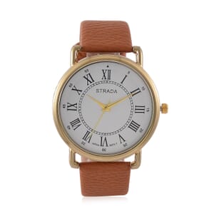Strada Japanese Movement Watch in Goldtone with Coffee Faux Leather