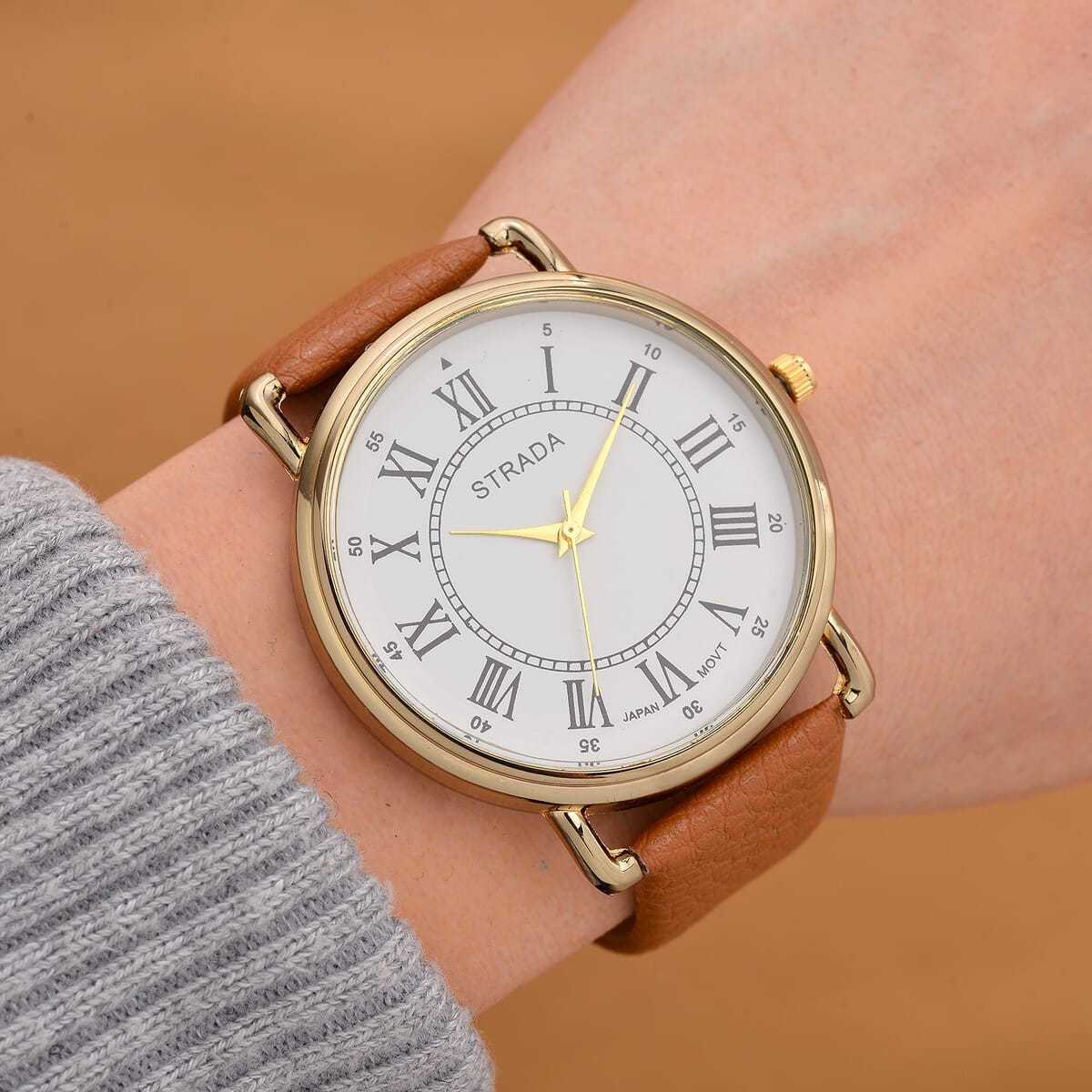 Strada Japanese Movement Watch in Goldtone with Coffee Faux Leather image number 1