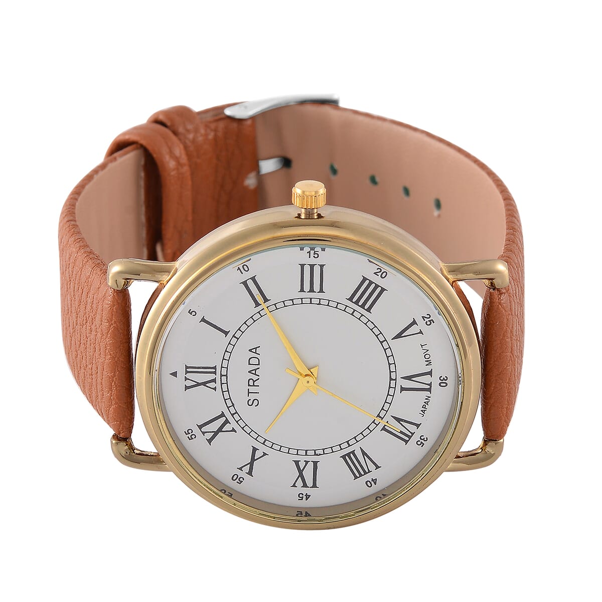 Strada Japanese Movement Watch in Goldtone with Coffee Faux Leather image number 3