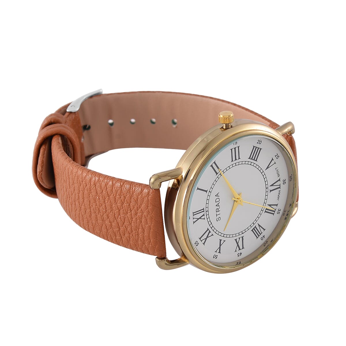 Strada Japanese Movement Watch in Goldtone with Coffee Faux Leather image number 4