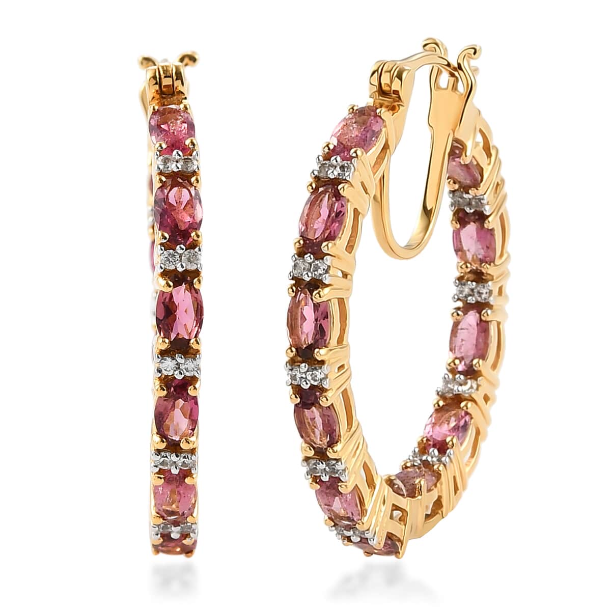 Morro Redondo Pink Tourmaline and White Zircon Inside Out Hoop Earrings in Vermeil Yellow Gold Over Sterling Silver 5.15 ctw image number 0