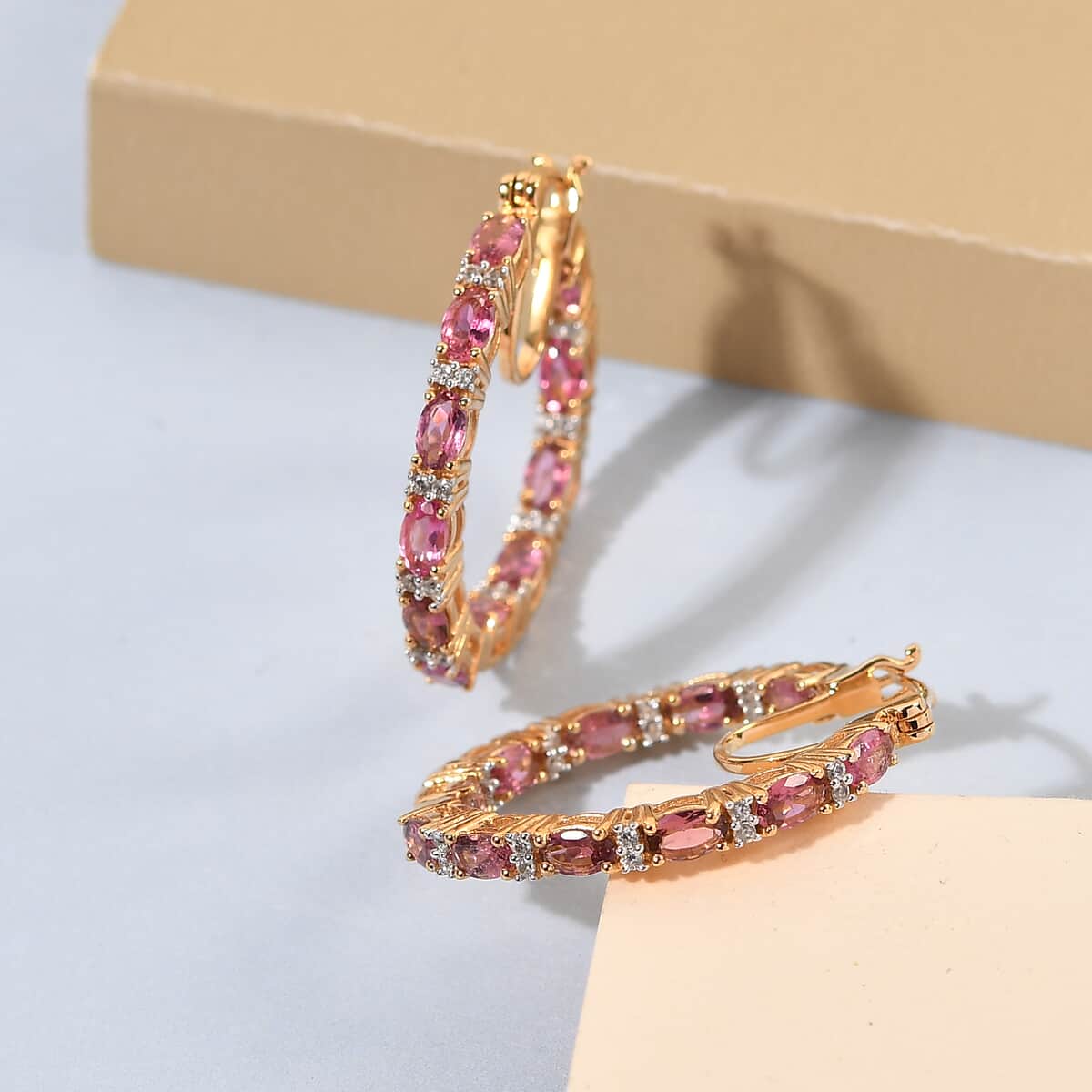 Morro Redondo Pink Tourmaline and White Zircon Inside Out Hoop Earrings in Vermeil Yellow Gold Over Sterling Silver 5.15 ctw image number 1