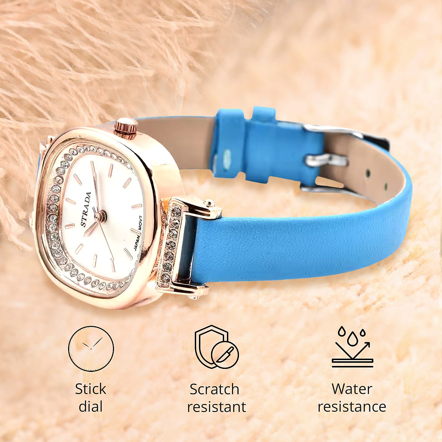 Strada Austrian Crystal Japanese Movement Watch with Blue Faux Leather Strap (27.18mm) (5.25-7 Inches)