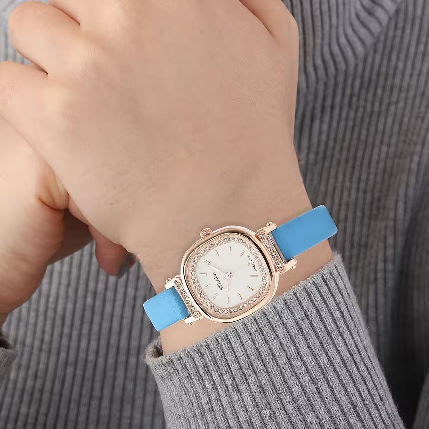 Strada Austrian Crystal Japanese Movement Watch with Blue Faux Leather Strap (27.18mm) (5.25-7 Inches)