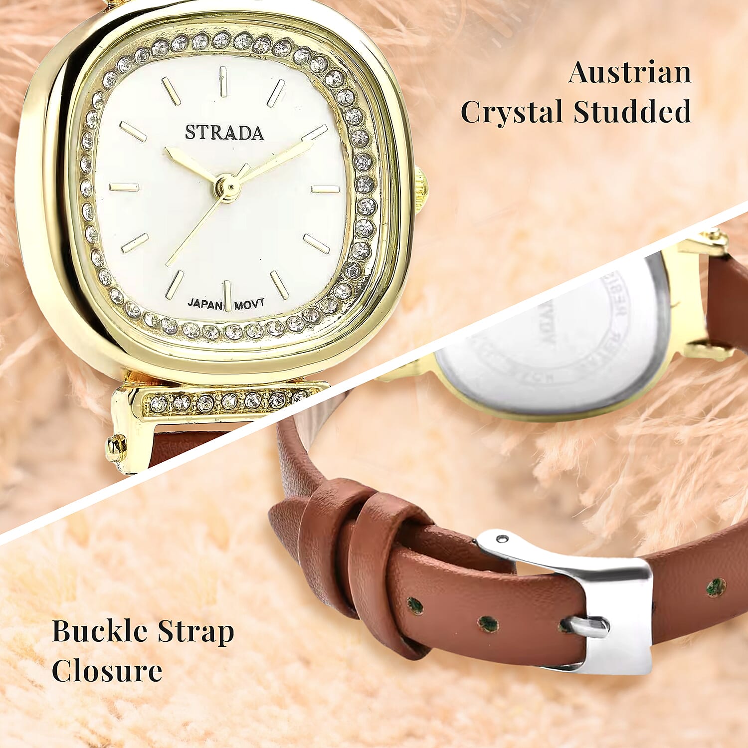 STRADA Crystal Japanese Movement Wrist Watch with Brown Faux Leather Strap Gifts - Picture 4 of 9