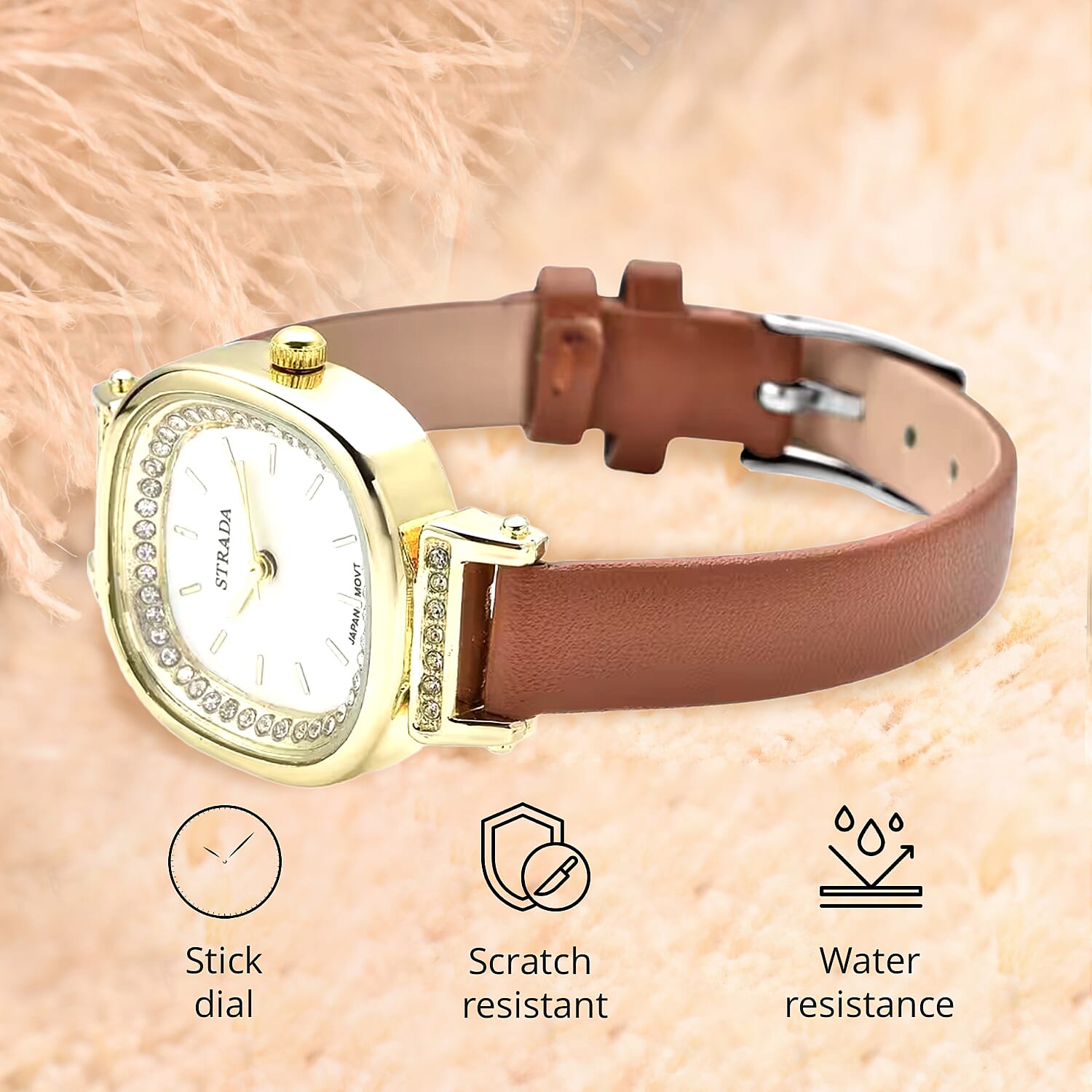 STRADA Crystal Japanese Movement Wrist Watch with Brown Faux Leather Strap Gifts - Picture 5 of 9