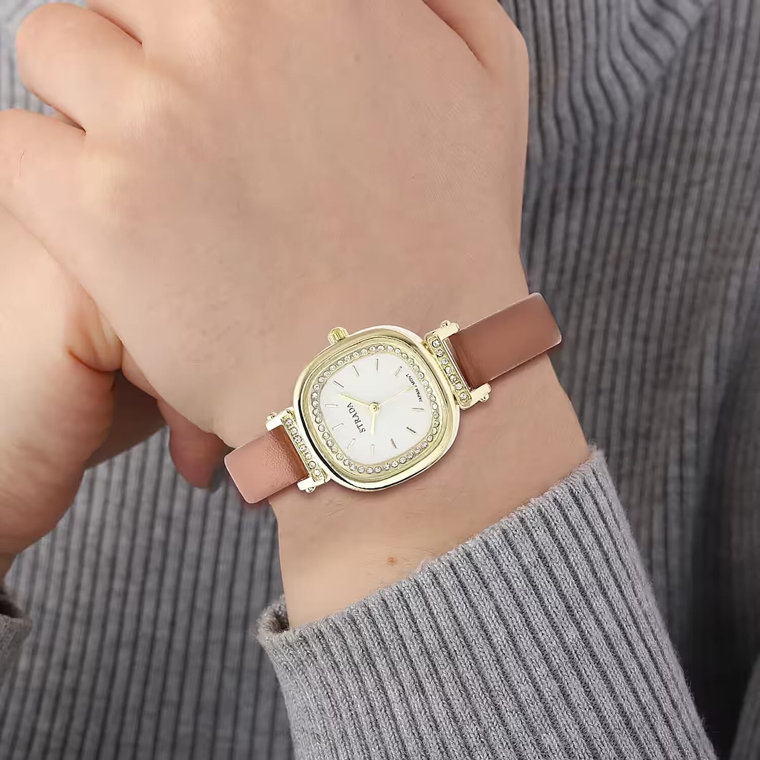 STRADA Crystal Japanese Movement Wrist Watch with Brown Faux Leather Strap Gifts - Picture 7 of 9