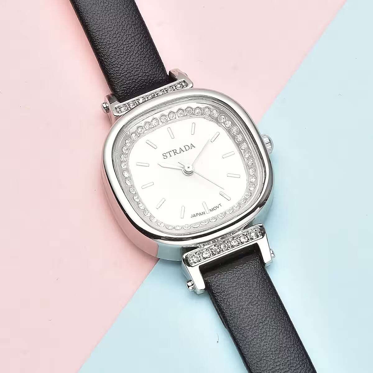 Strada Austrian Crystal Japanese Movement Watch with Black Faux Leather Strap (27.18mm) (5.25-7 Inches) image number 1