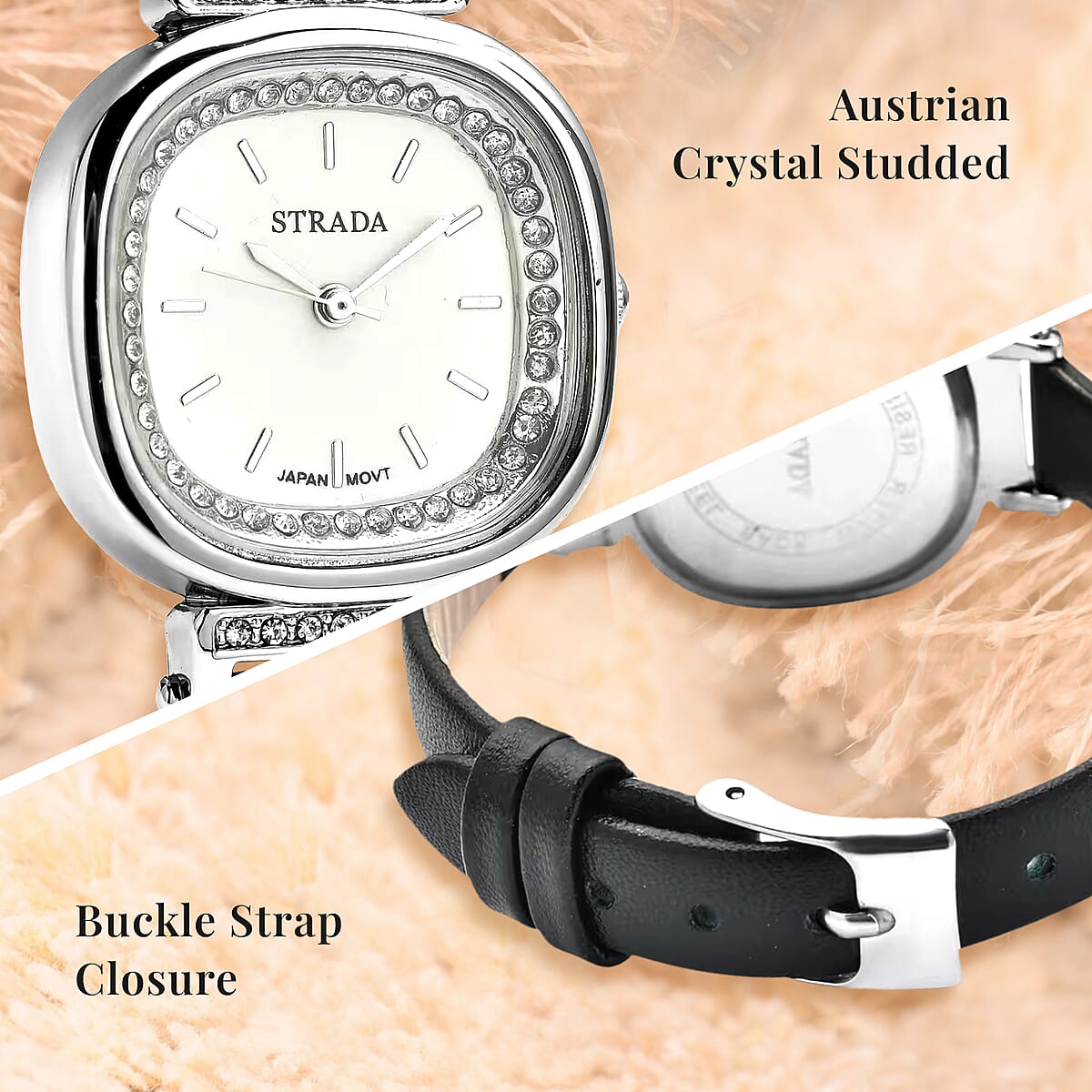 Strada Austrian Crystal Japanese Movement Watch with Black Faux Leather Strap (27.18mm) (5.25-7 Inches) image number 3