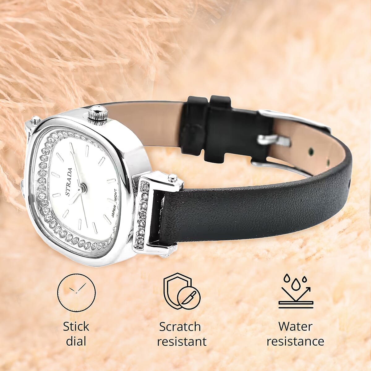 Strada Austrian Crystal Japanese Movement Watch with Black Faux Leather Strap (27.18mm) (5.25-7 Inches) image number 4
