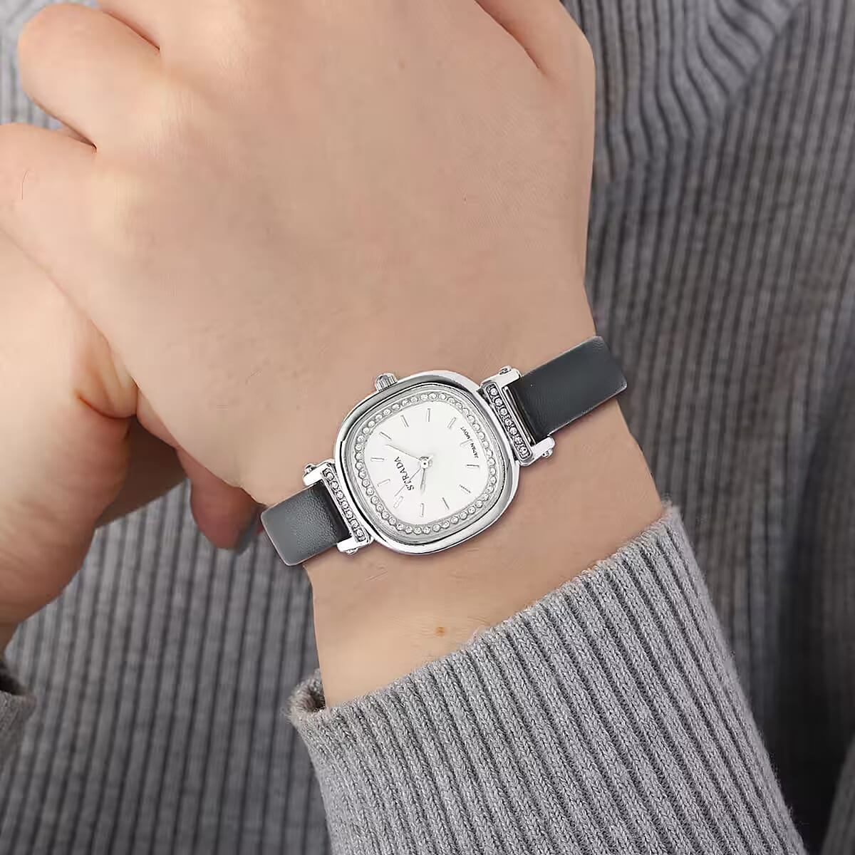 Strada Austrian Crystal Japanese Movement Watch with Black Faux Leather Strap (27.18mm) (5.25-7 Inches) image number 6