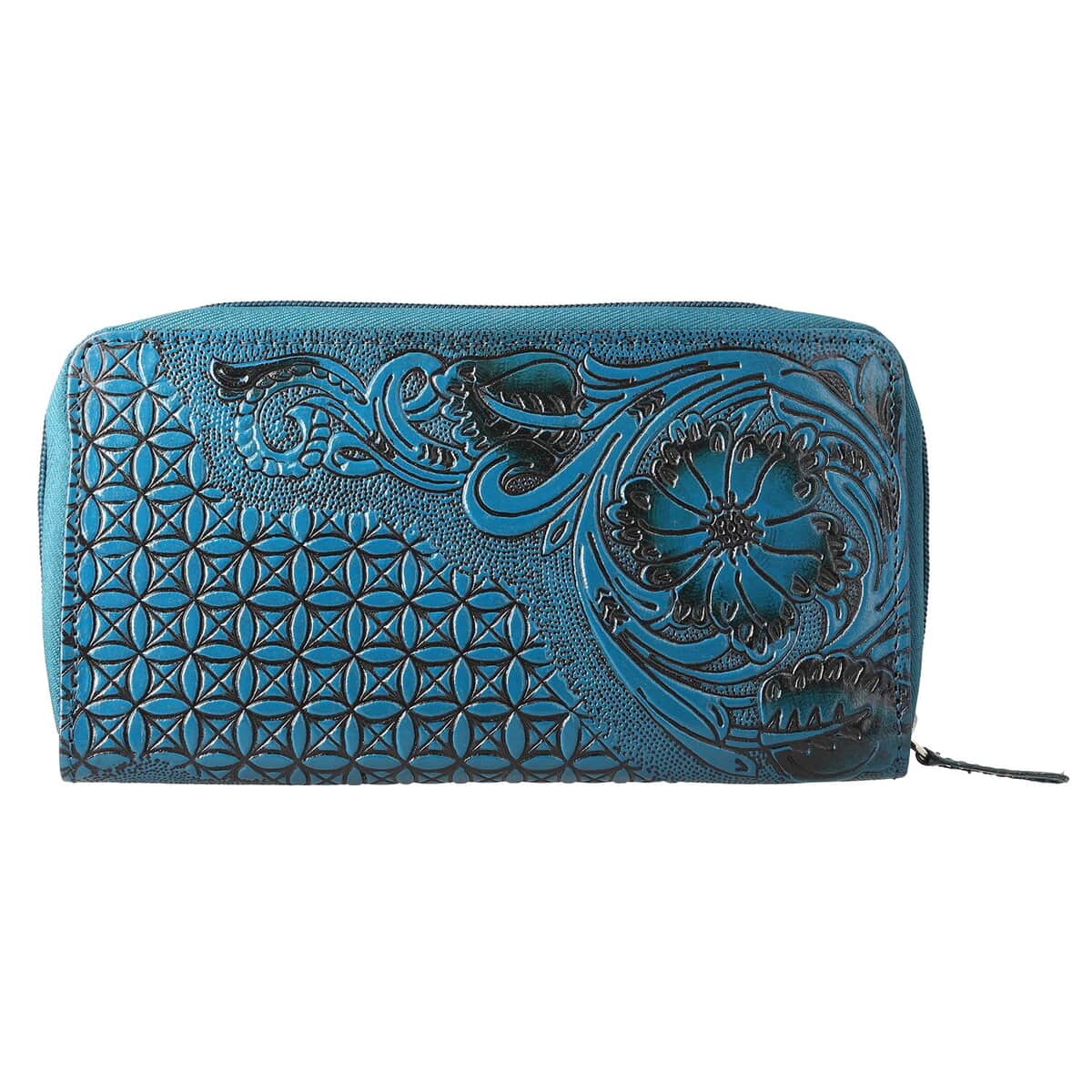 "RFID Protected hand floral embossed Leather Women's Wallet  SIZE: 8(L)x1(W)x4.25(H) inches COLOR: Green" image number 0