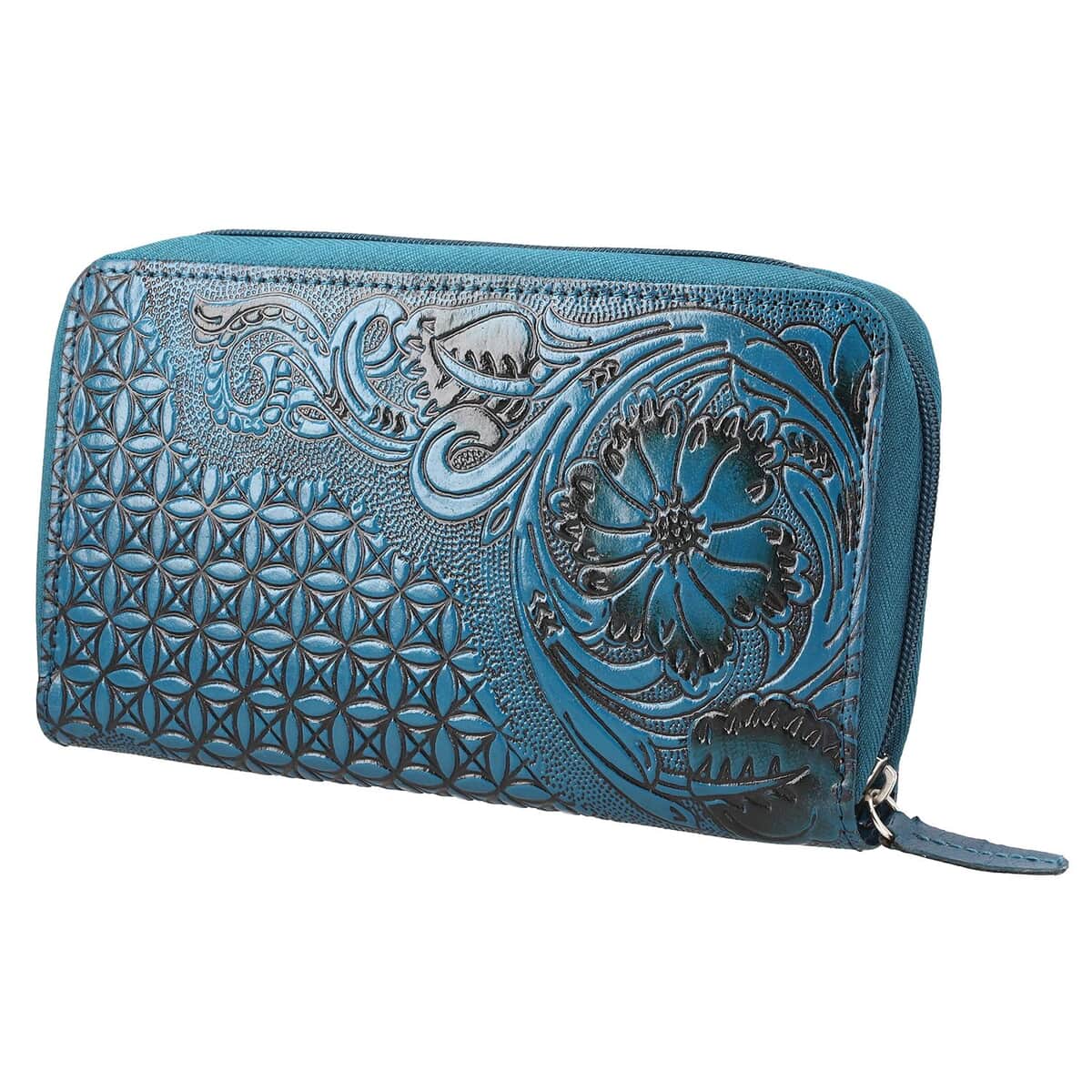 "RFID Protected hand floral embossed Leather Women's Wallet  SIZE: 8(L)x1(W)x4.25(H) inches COLOR: Green" image number 2