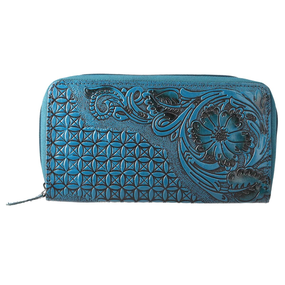 "RFID Protected hand floral embossed Leather Women's Wallet  SIZE: 8(L)x1(W)x4.25(H) inches COLOR: Green" image number 3