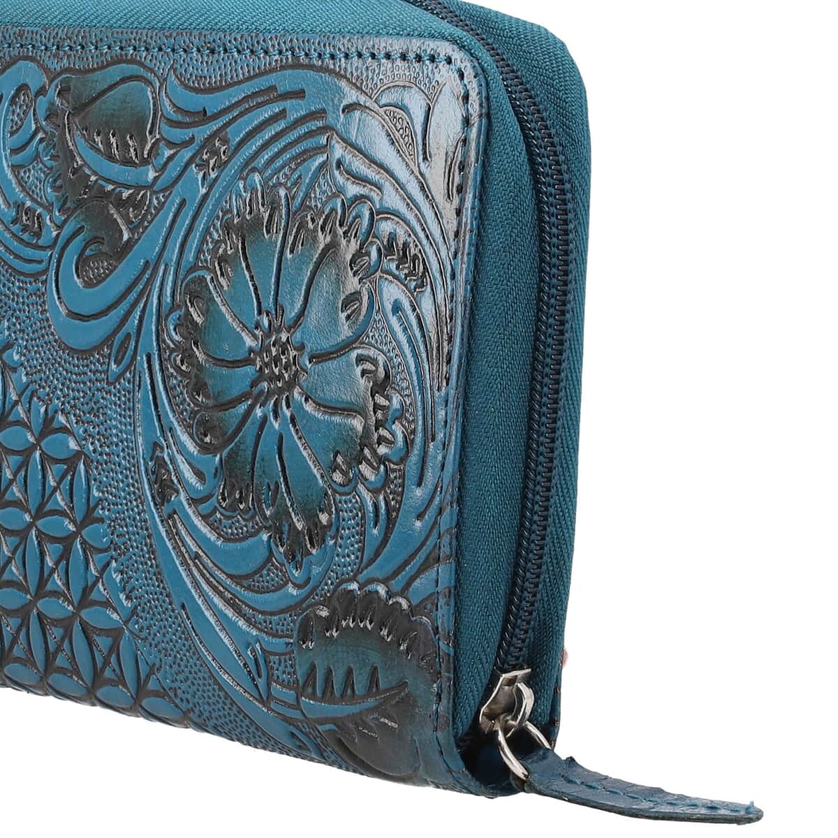 "RFID Protected hand floral embossed Leather Women's Wallet  SIZE: 8(L)x1(W)x4.25(H) inches COLOR: Green" image number 4