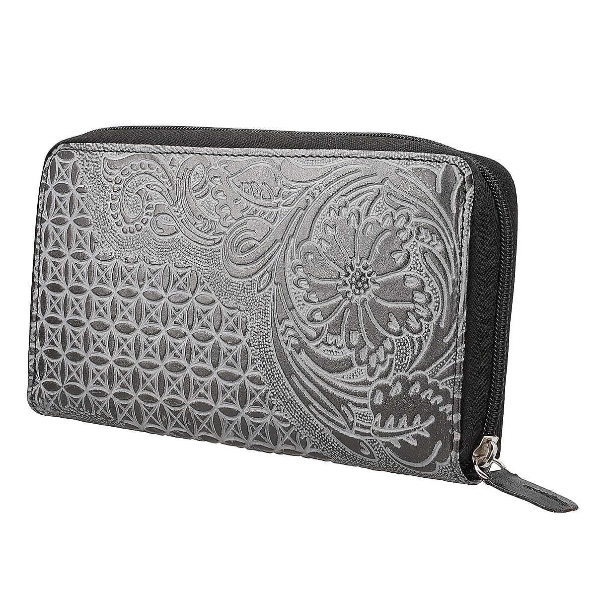 Black Hand Floral Embossed Genuine Leather RFID Women's Wallet image number 2